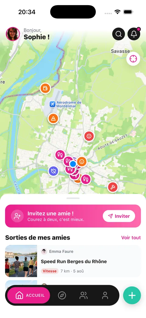 Carte des sorties autour de soi dans Run Pink, avec la liste « Sorties de mes amies »