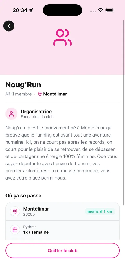 Fiche d'un club de course à pied dans Run Pink