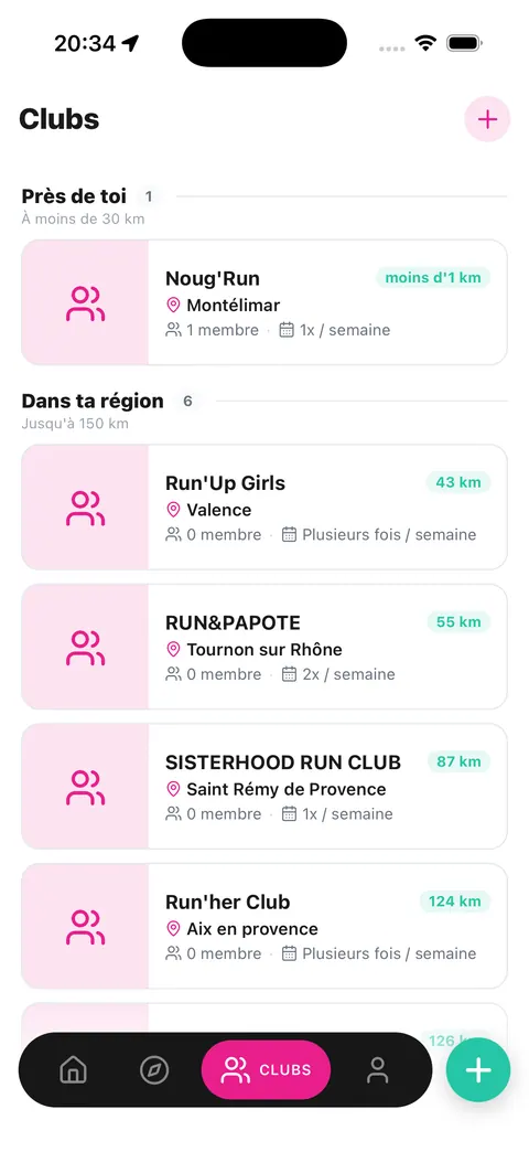 Annuaire des clubs Run Pink, groupés en « Près de toi » et « Dans ta région »