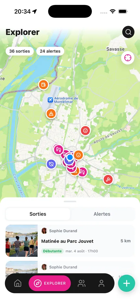 Onglet Explorer de Run Pink : 36 sorties et 24 alertes sur la carte