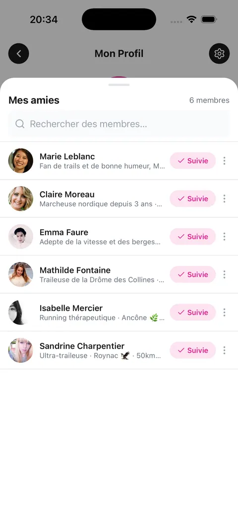 Écran « Mes amies » de Run Pink