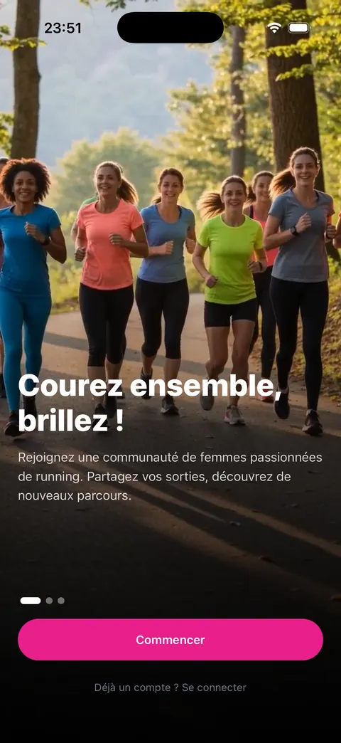 Écran d'accueil de Run Pink : un groupe de coureuses et le message « Courez ensemble, brillez ! »