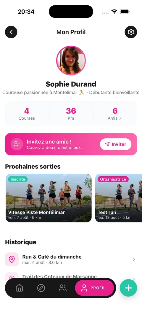 Profil coureuse : courses, kilomètres, amies, sorties à venir et historique